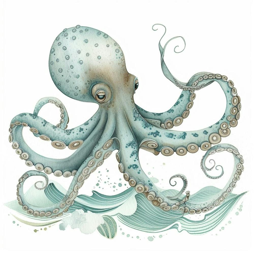Storybook Style Octopus With Waves 1