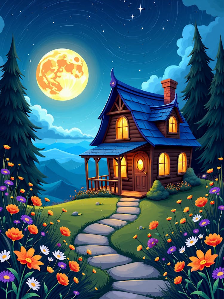 A Beautiful Wooden House Moon Night Landscape V 03