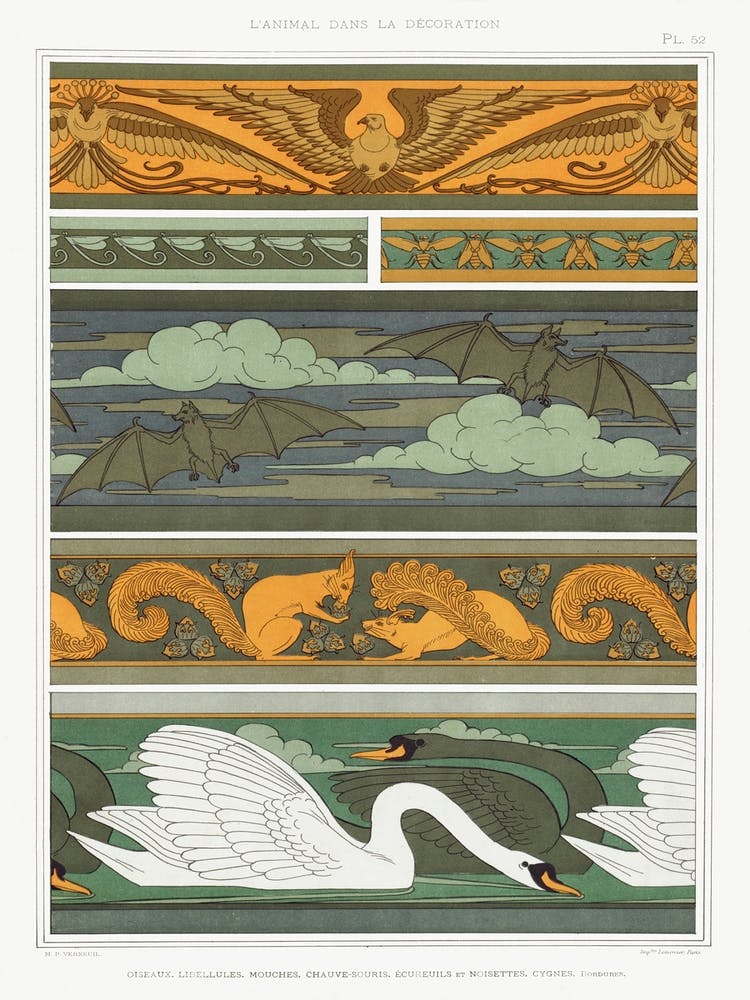 Birds, Dragonflies, Flies, Bat, Squirrels And Hazelnuts Swans From The Animal In Decoration (1897), Maurice Pillard Verneuil