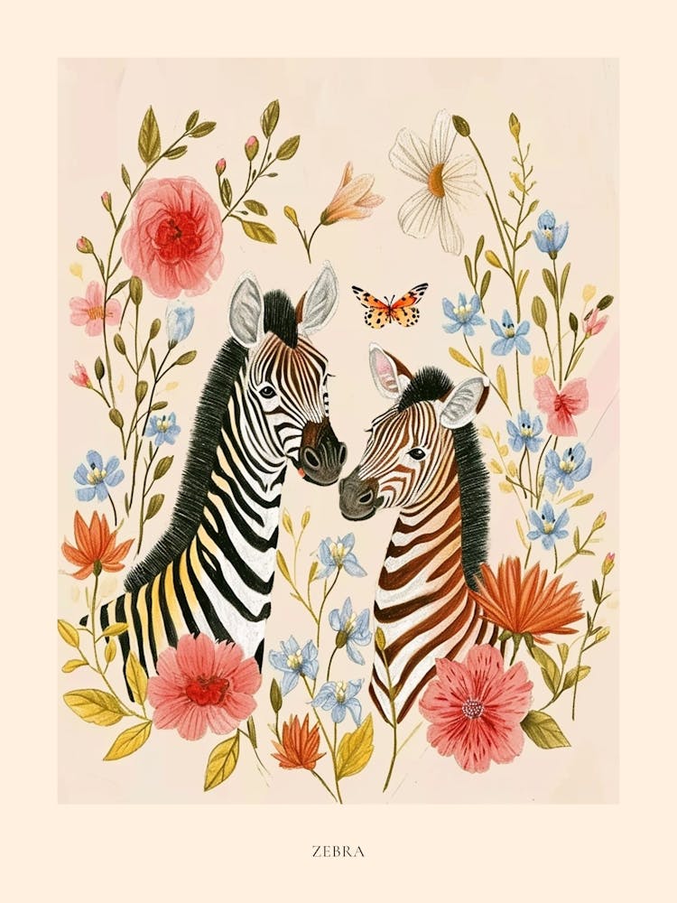 Folksy Floral Animal Drawing Zebra Poster