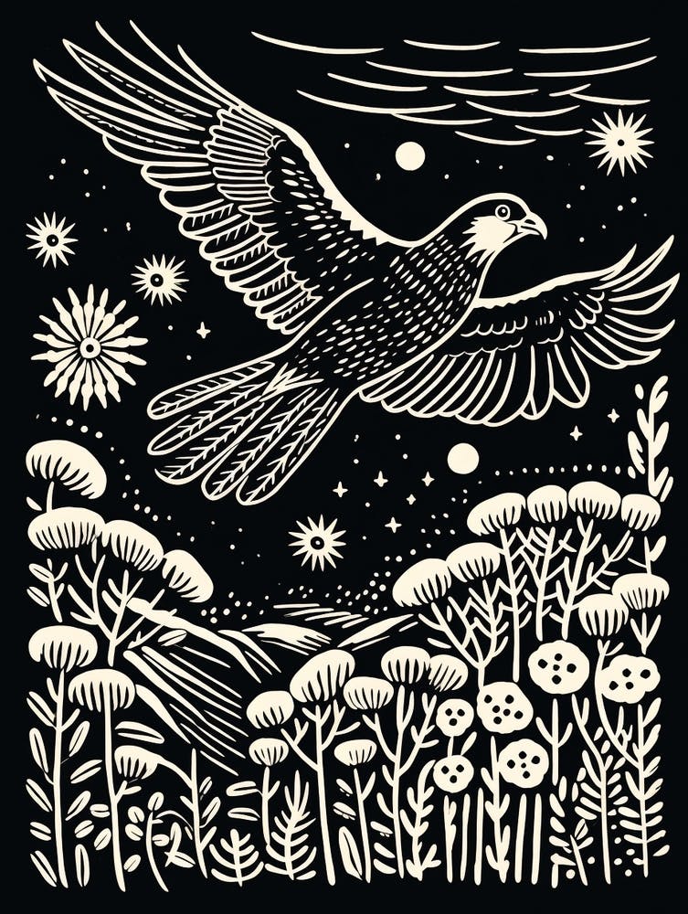 Linogravure d'Oiseau N&B Busard 3