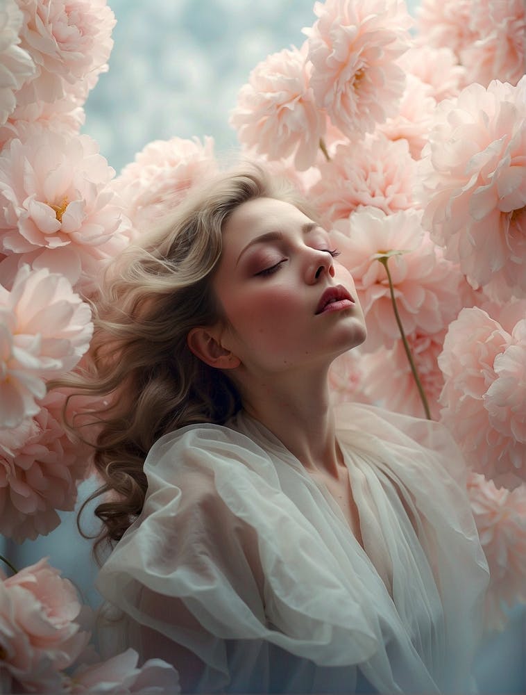 Portrait Of A Girl With Flowers in a dreamcore, ethereal portrait