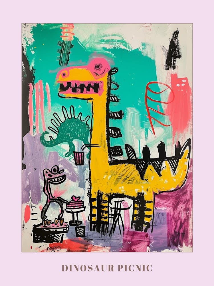 Abstract Pink Blue Graffiti Style Dinosaur Picnic 1 Poster