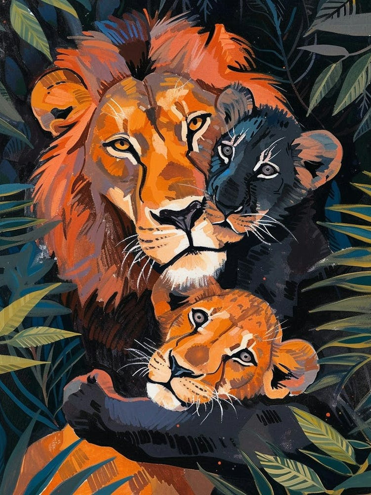 Black Lion Family Bonding Fauvist Painting 4
