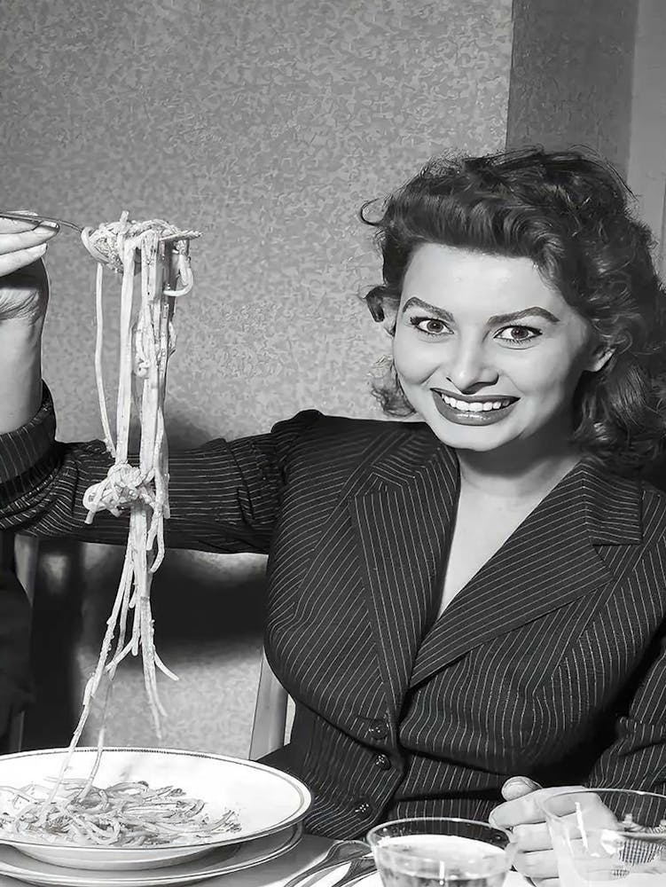 Vintage Black And White Sophia Loren Eating Spaghetti