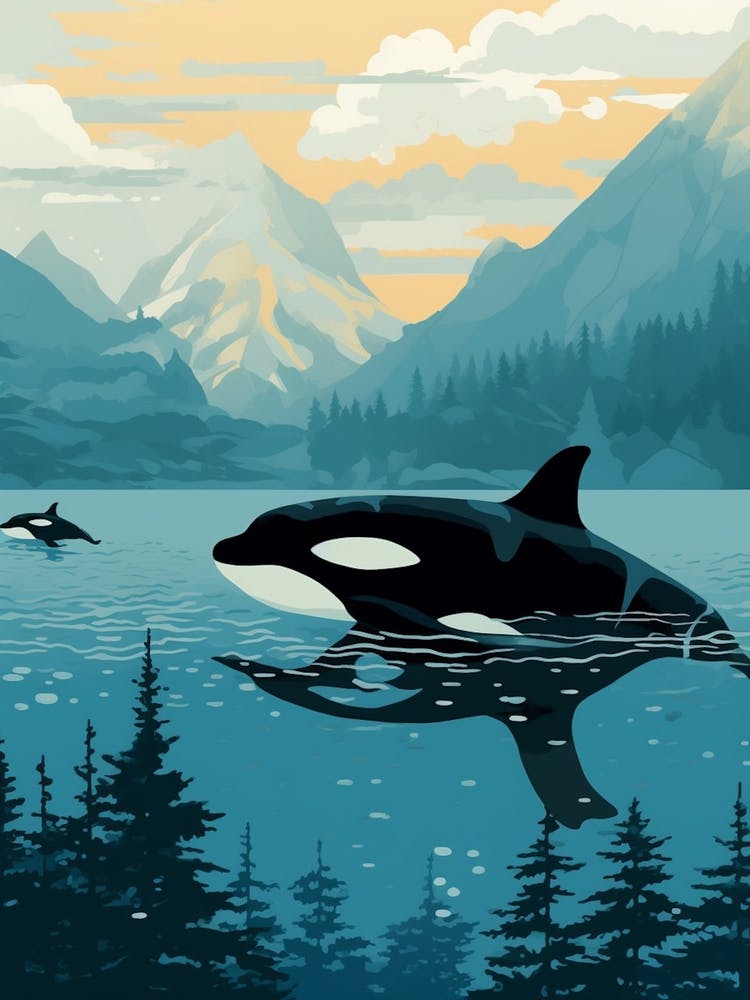 Block Colour Orca Whale And Calf Swimming