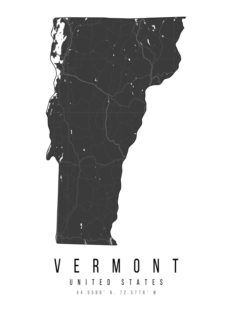 Vermont Mono Black And White Modern Minimal Street Map