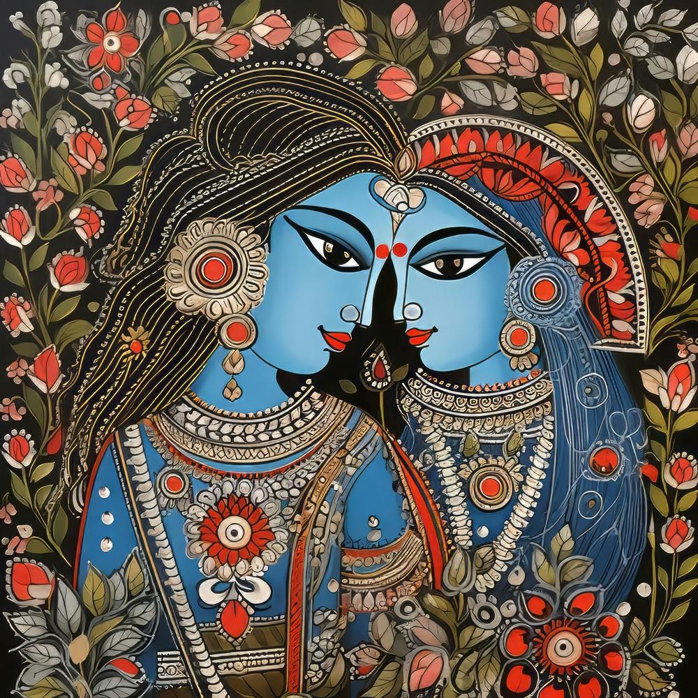 Radha And Krishna Expressionism Painting, Acrylic On Canvas, Brown Color