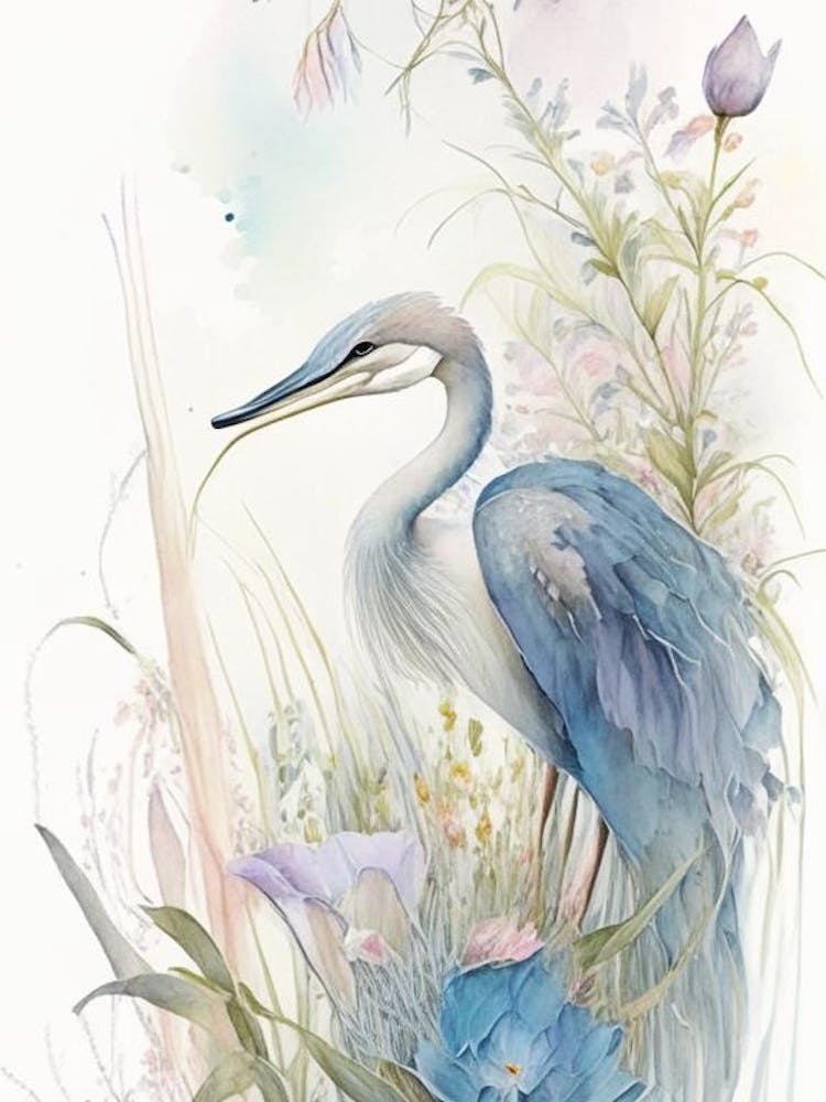 Blue Heron With Flowers Gouache 1