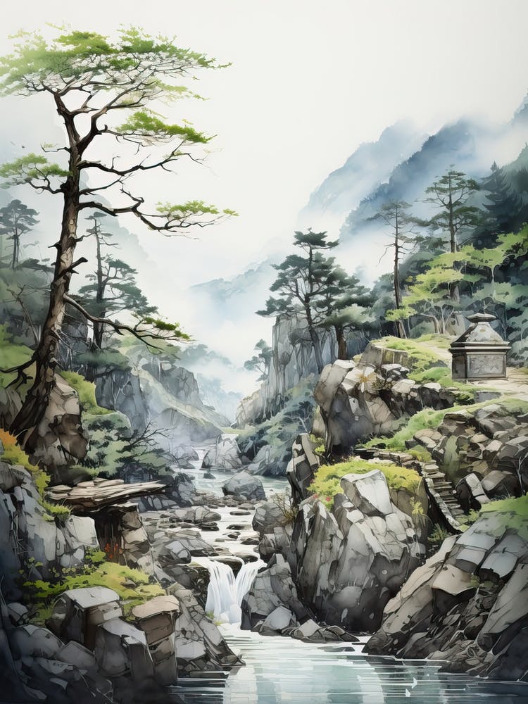 Shosenkyo Gorge In Yamanashi, Japanese Brush Painting, Ukiyo E, Minimal 1