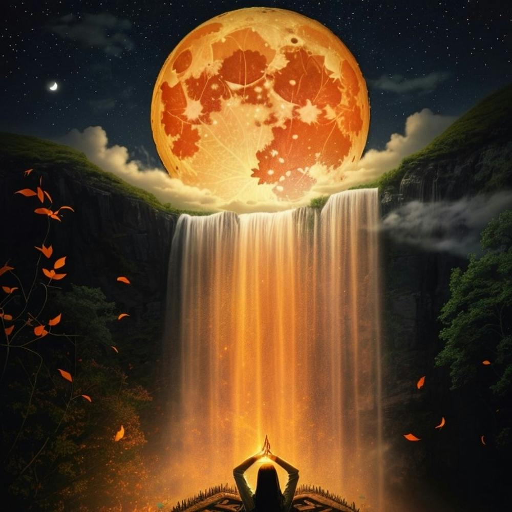 Full harvest moon with orange light waterfall and autumn leaves