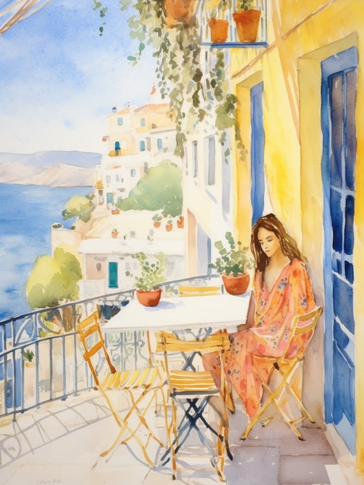 At A Cafe In Mykonos Greece Watercolour