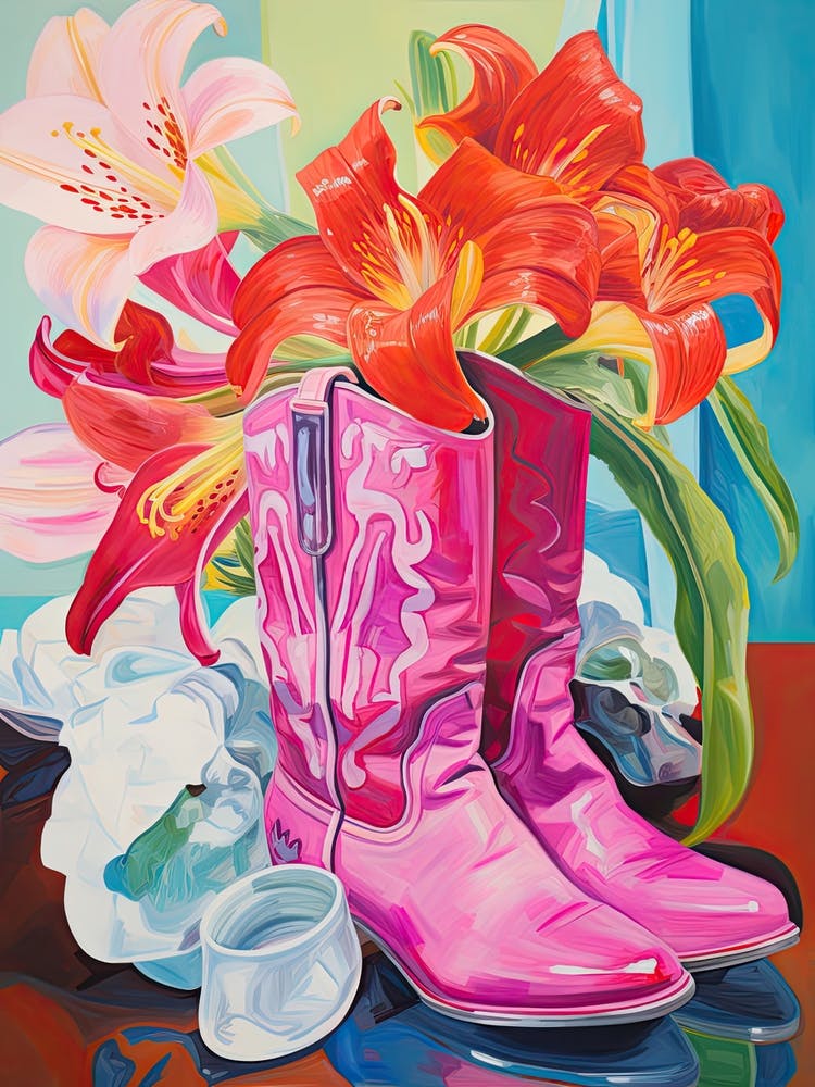 Oil Painting Of Pink And Red Flowers And Cowboy Boots, Oil Style 5