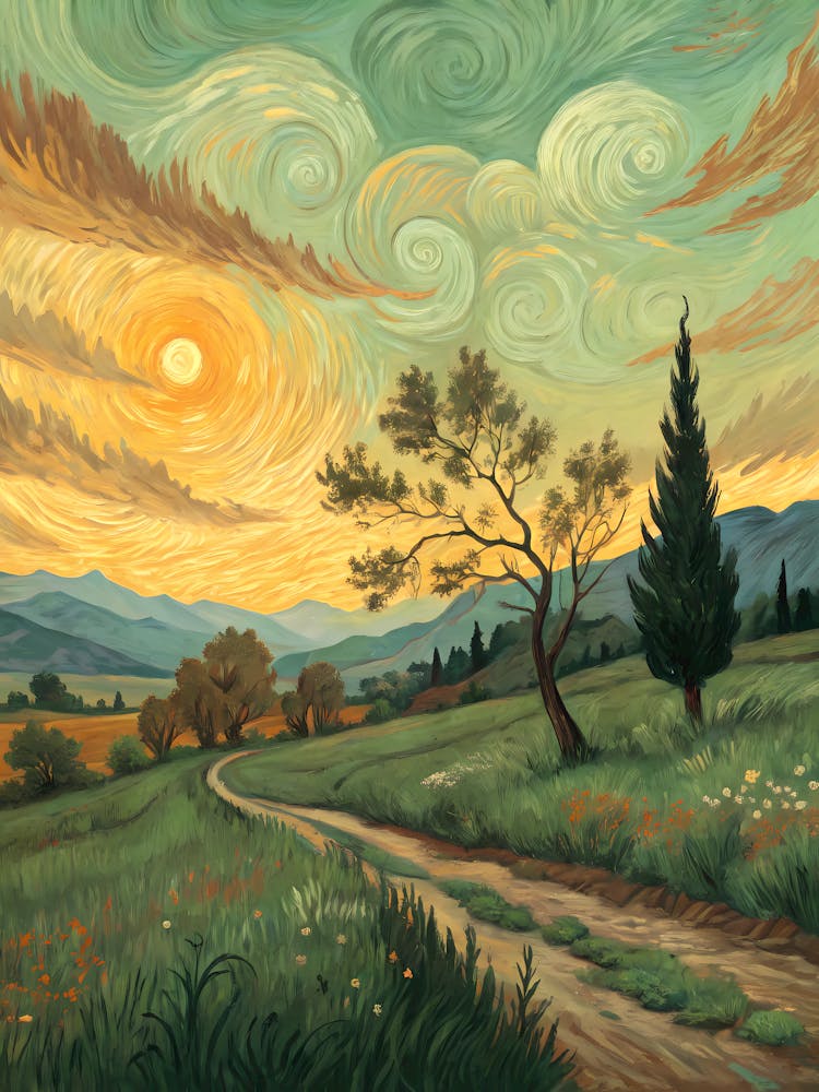 Van Gogh Zypressenlandschaft Sonnenuntergangshügel & Wirbelnder Himmel