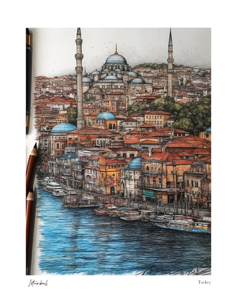 Istanbul Turkey Drawing Pencil Style 4 Travel Poster