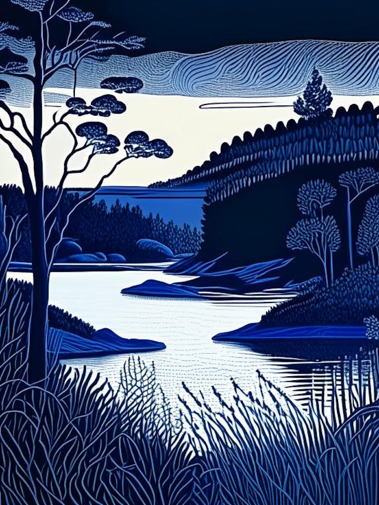 Blue Lake Landscapes Waterscape Linocut 1