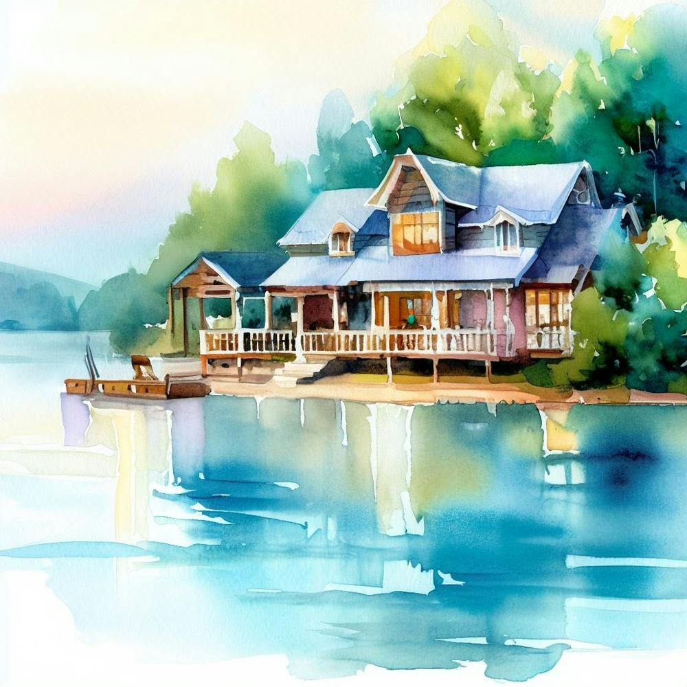 Watercolor Of A House On The Lake