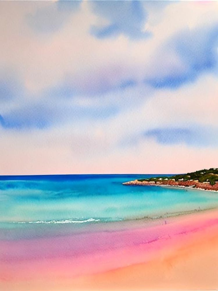 Cala Comte Beach, Ibiza, Spain Pink Watercolour