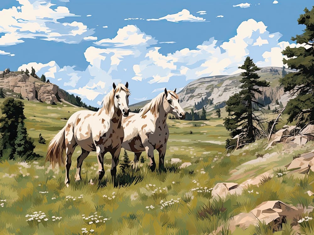 Horses Painting In Rocky Mountains Colorado, Usa, Landscape 2