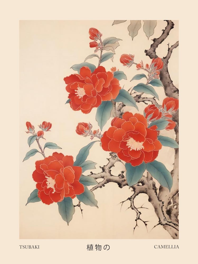 Tsubaki Camellia 2 Vintage Japanese Botanical Poster