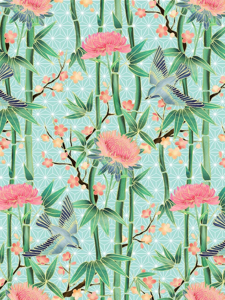 Bamboo Birds And Blossoms On Mint Green