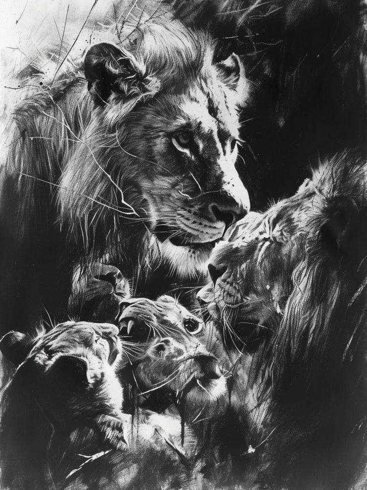 African Lion Charcoal Drawing Interaction With Other Wildlife 4