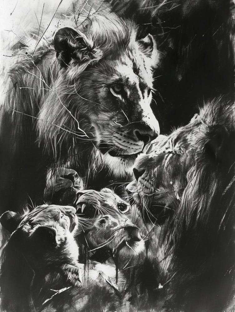 African Lion Charcoal Drawing Interaction With Other Wildlife 4