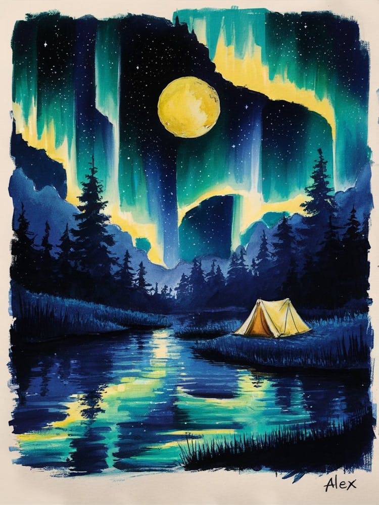 A Captivating Nighttime Scene Painted In Vibrant Colors, Featuring A Celestial Sky With A Prominent Yellow Moon Illuminating The Landscape