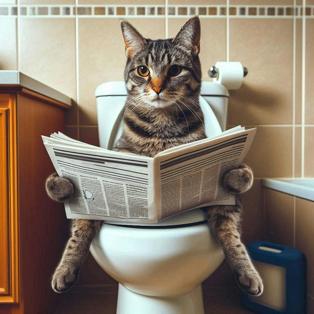 Cat sitting on toilet Reading Newspaper 1