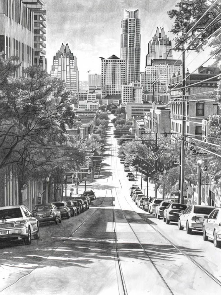 South Congress Avenue Austin Texas Black And White Drawing 2