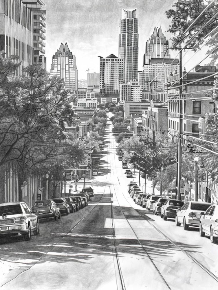 South Congress Avenue Austin Texas Black And White Drawing 2