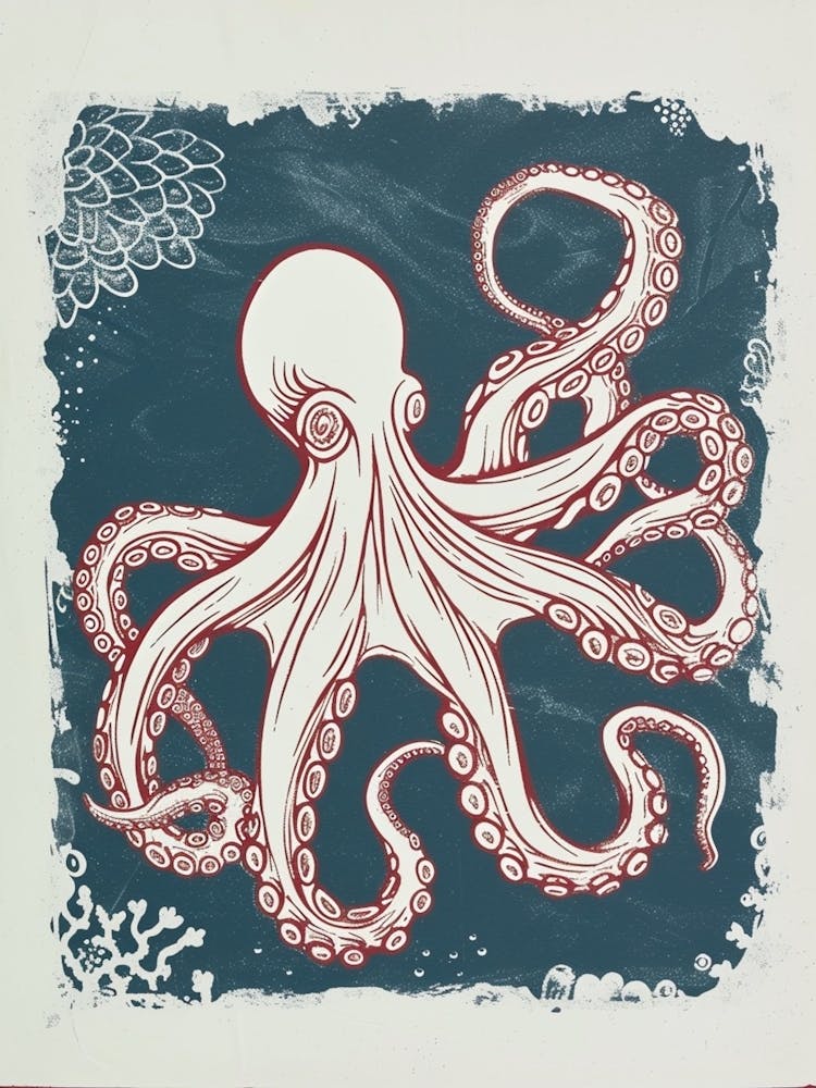 Octopus Linocut Style With Aqua Marine Plants 4