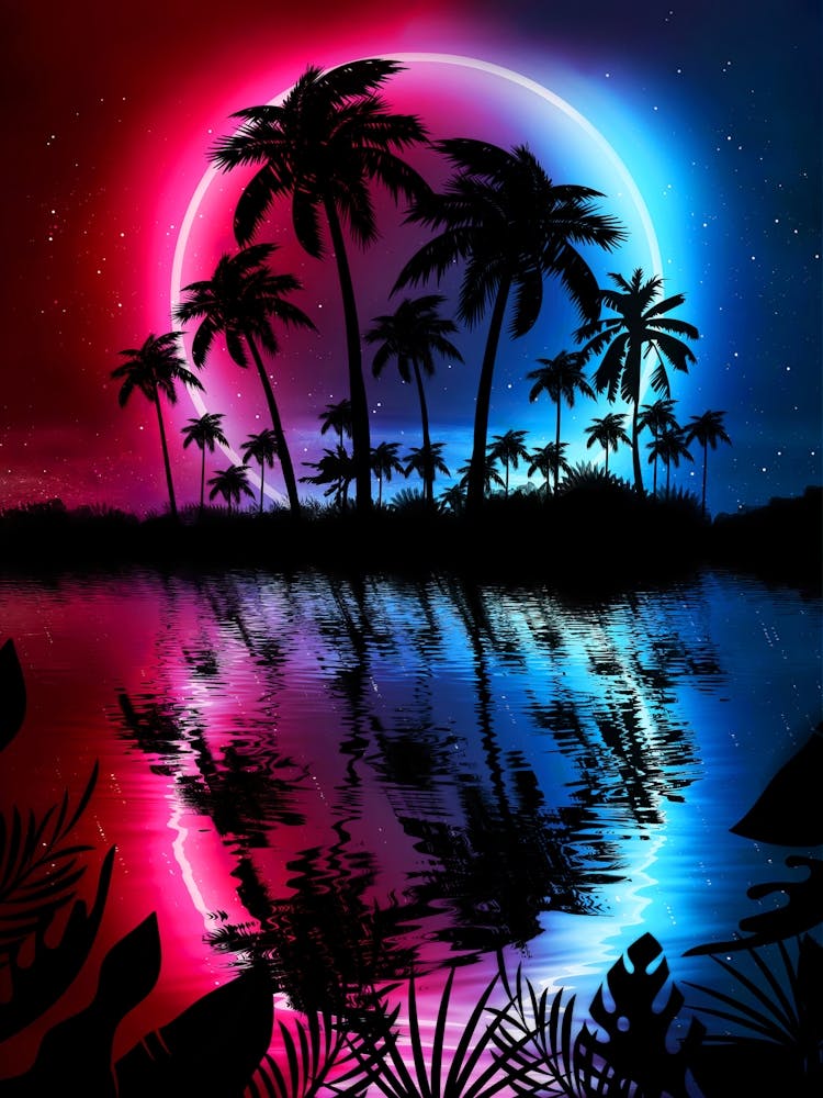 Neon landscape: Neon circle on a tropical beach [synthwave/vaporwave/cyberpunk] — aesthetic retrowave neon poster