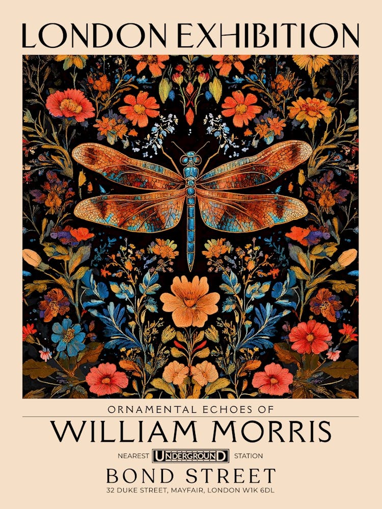 William Morris Dragonfly and floral artwork, insect and flower pattern vintage Botanical print for cottagecore, maximalist decor,floral tapestry Victorian nature illustration bedroom vintage decor 14