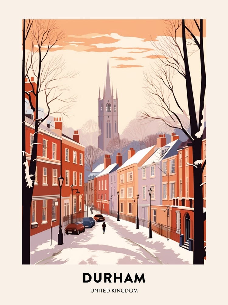 Vintage Winter Travel Poster Durham United Kingdom 1