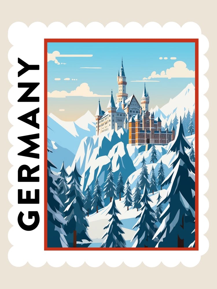 Retro Winter Briefmarken Poster Schloss Neuschwanstein Deutschland 1