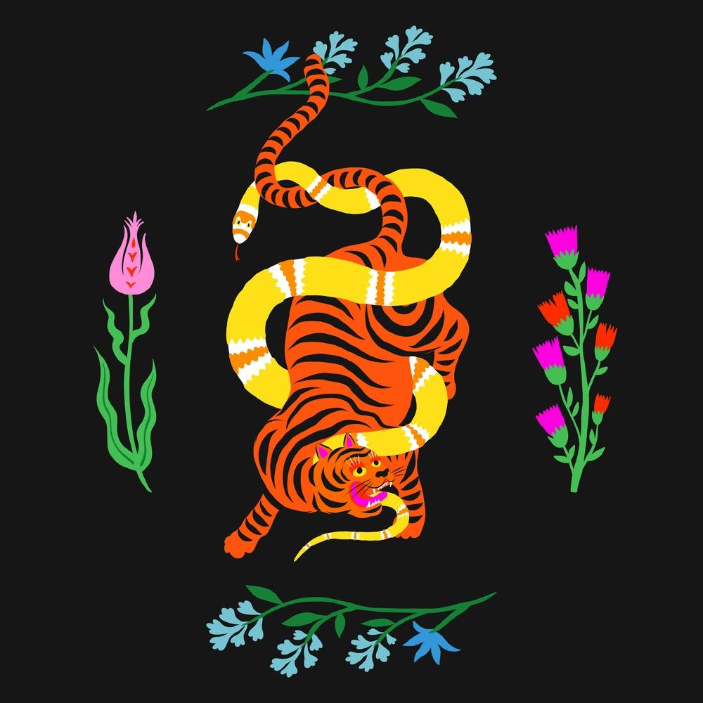 Tiger And Snake Battle Flowers Square