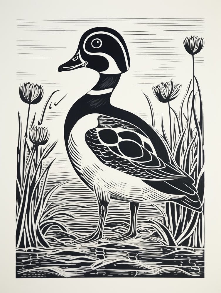 Linogravure d'Oiseau N&B Canard Branchu 2