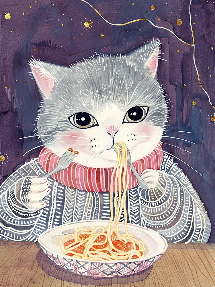 Cute Grey White Cat Eating Pasta Folk Illustration 1