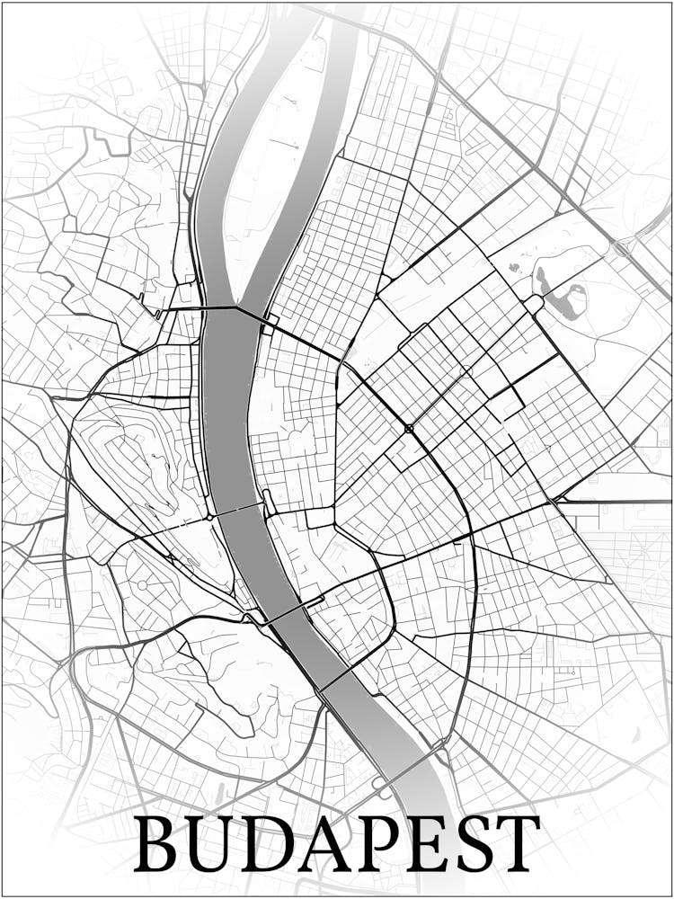 Budapest, Hungary, City Map, Black And White Fade Design