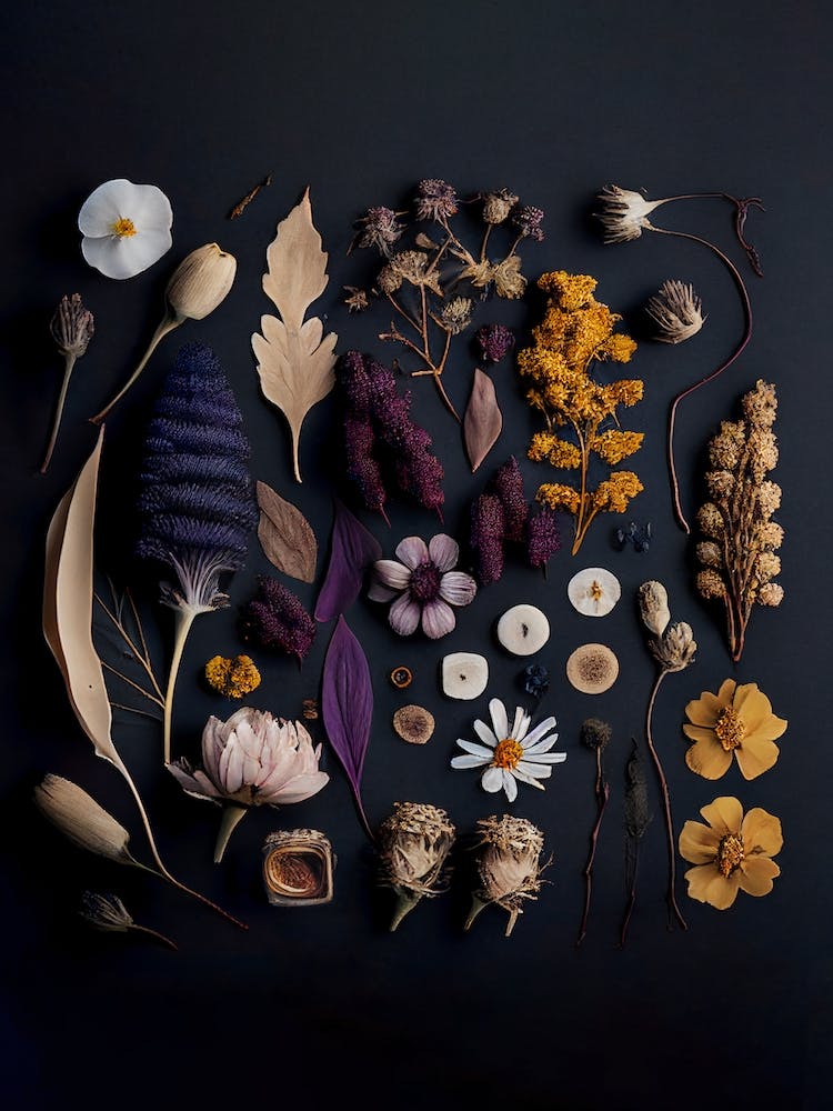 Dark Dried Flowers Collection Purple Yellow