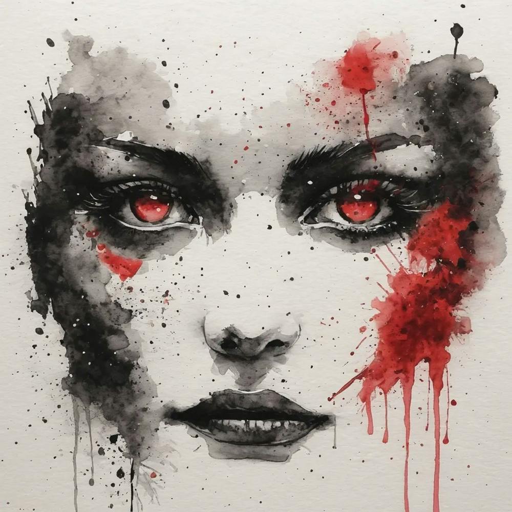 Blutiges Gesicht, Tinte, Aquarell