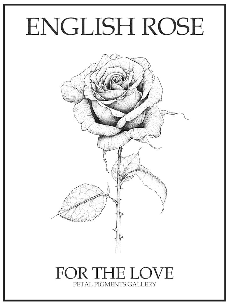 English Rose Black And White Line Drawing 10 Poster