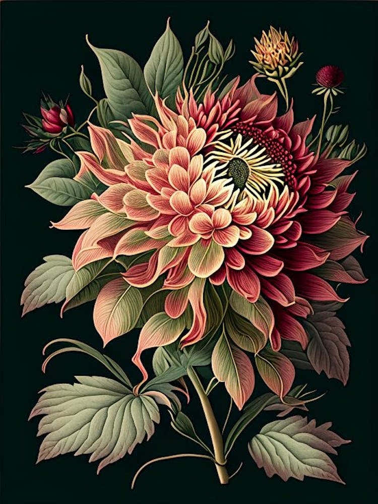 Dahlia 2 Floral Botanical Vintage Poster Flower