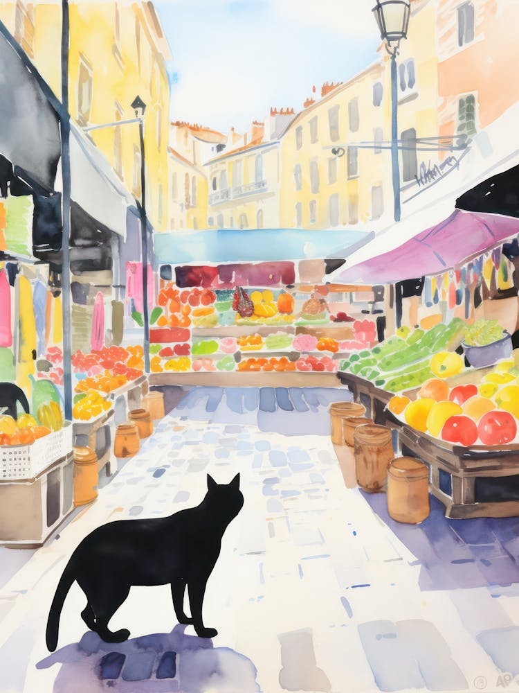 Food Market With Cats In Lyon 1 Watercolour