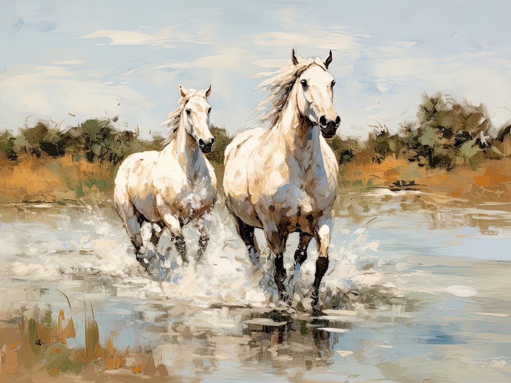 Horses Painting In Camargue, France, Landscape 2