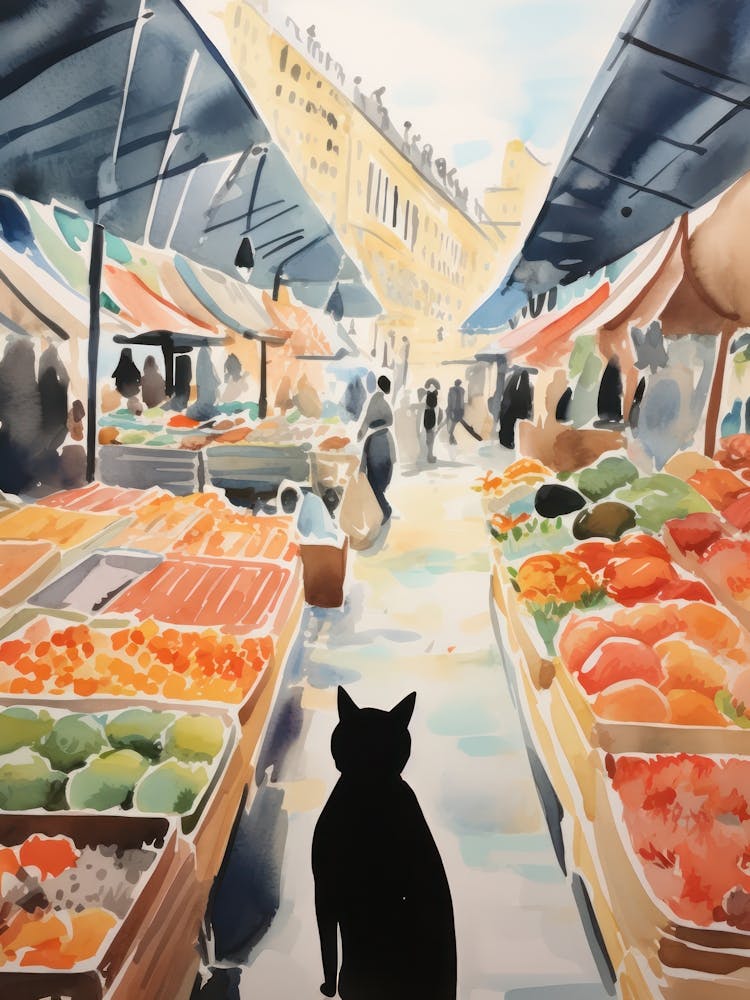 Food Market With Cats In Vienna 7 Watercolour