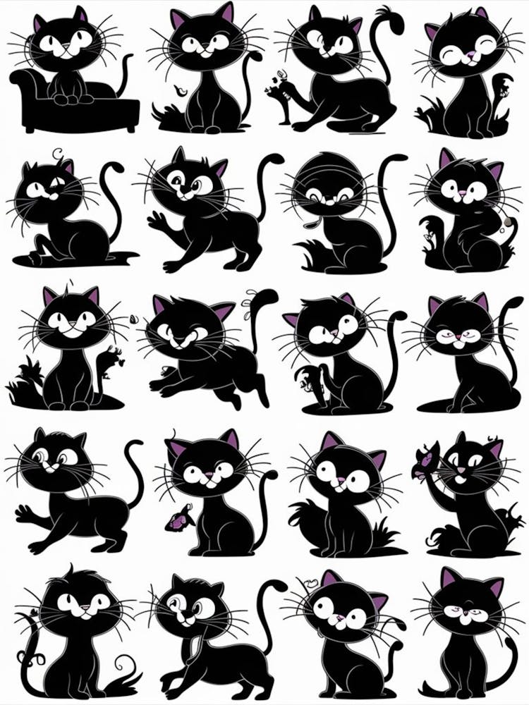 Aa Series Of Cartoon Style Silhouette Illustrations Showcasing Cats In A Plethora Of Playful Antics And Expressions 1
