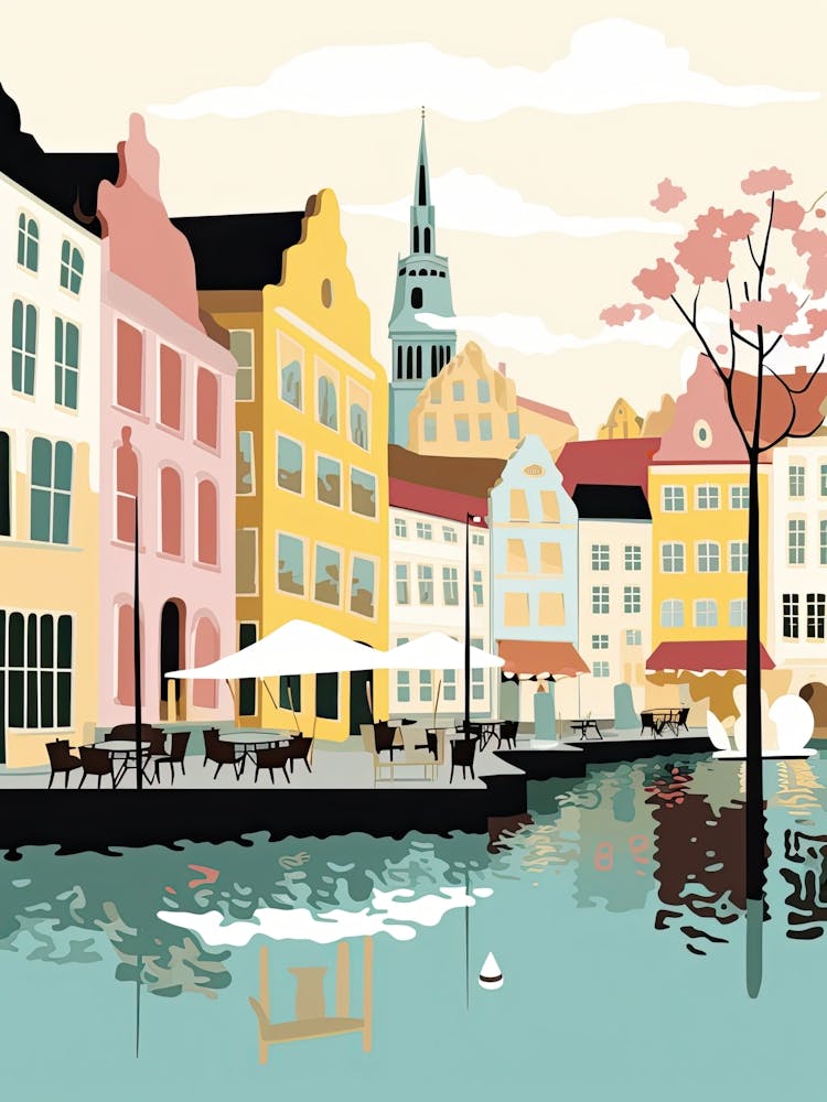 Allborg, Denmark, Flat Pastels Tones Illustration 2