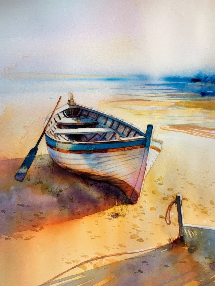 Boat On The Beach, Water Color Painting